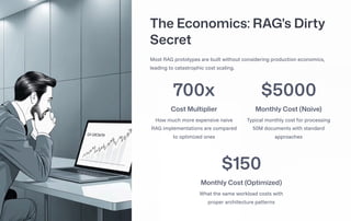 The Economics: RAG's Dirty
Secret
Most RAG prototypes are built without considering production economics,
leading to catastrophic cost scaling.
700x
Cost Multiplier
How much more expensive naive
RAG implementations are compared
to optimized ones
$5000
Monthly Cost (Naive)
Typical monthly cost for processing
50M documents with standard
approaches
$150
Monthly Cost (Optimized)
What the same workload costs with
proper architecture patterns
 