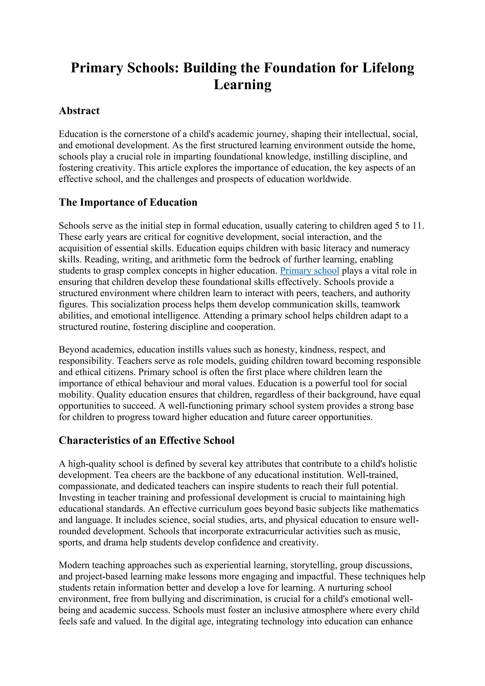 Primary Schools: Building the Foundation for Lifelong Learning | PDF
