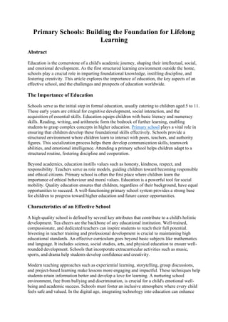 Primary Schools: Building the Foundation for Lifelong Learning | PDF