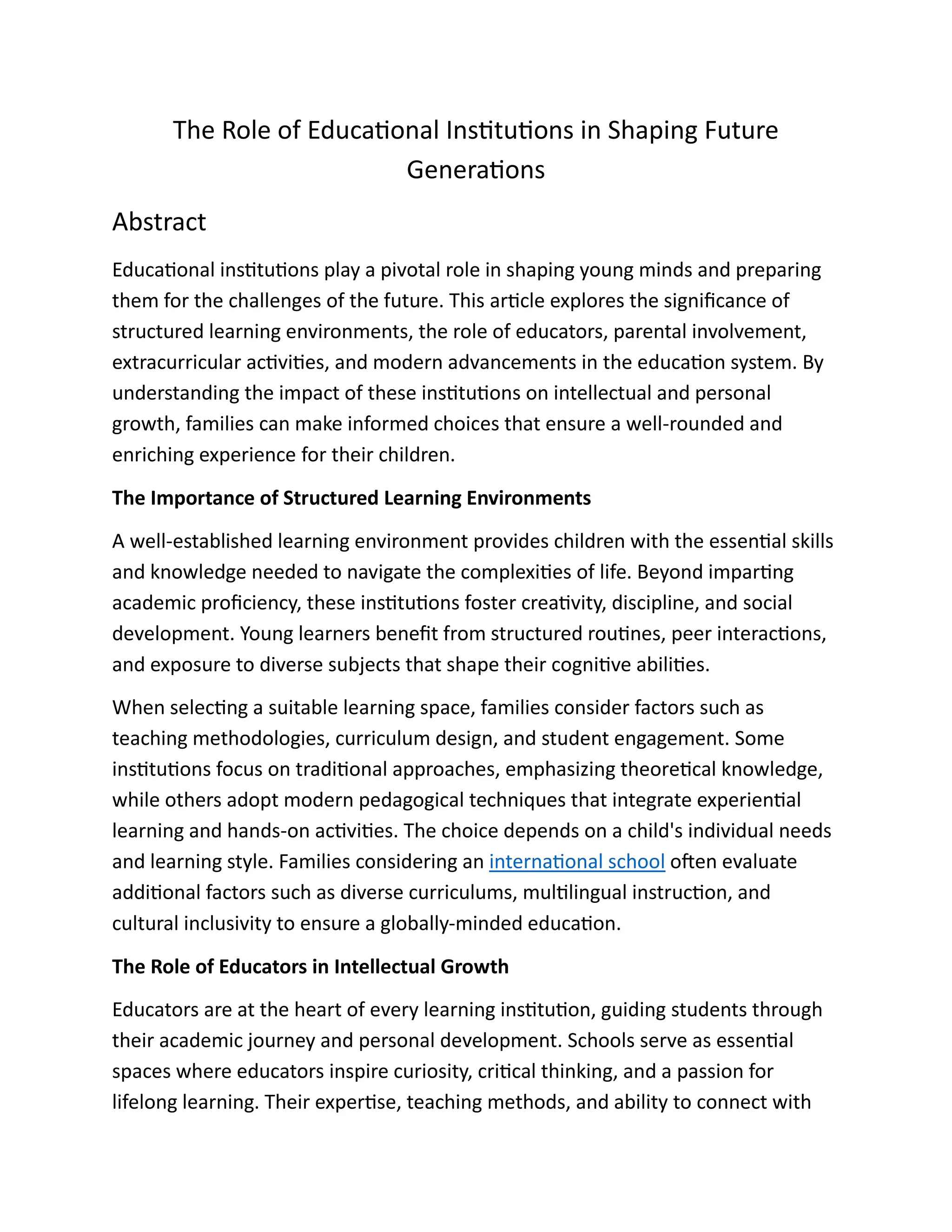 The Role of Educational Institutions in Shaping Future Generations | PDF