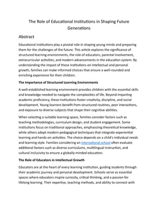 The Role of Educational Institutions in Shaping Future Generations | PDF