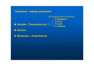 Paludisme : maladie parasitaire

                            120 espèces dont 4 humaines :
                                   P.falciparum
                                   P.vivax
 Parasite : Plasmodium sp          P.ovale
                                   P.malariae

 Homme

 Moustique : Anopheles sp
 