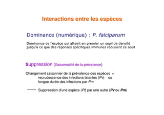 Interactions entre les espèces

                 "                 %

*




Suppression (Saisonnalité de la prévalence)

Changement saisonnier de la prévalence des espèces +
      recrudescence des infections latentes (Pv) ou
      longue durée des infections par Pm

       Suppression d’une espèce (Pf) par une autre (Pv ou Pm)
 