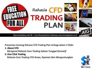 CFD 
Rahasia 
Presentasi tentang Rahasia CFD Trading Plan terbagi dalam 2 Slide: 
1. About CFD 
Mengenal Rahasia Cara Trading Saham Tunggal Derivatif 
2. One Click Trading 
Rahasia Cara Trading CFD Aman, Nyaman Dan Menguntungkan 
 