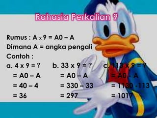 Rumus : A x 9 = A0 – A
Dimana A = angka pengali
Contoh :
a. 4 x 9 = ? b. 33 x 9 = ? c. 113 x 9 = ?
= A0 – A = A0 – A = A0 - A
= 40 – 4 = 330 – 33 = 1130 -113
= 36 = 297 = 1017
 
