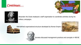 Continues…
Alexander the Great employed a staff organization to coordinate activities during his
military campaigns.
Well-defined organizational structure developed by Roman Empire
Socrates discussed management practices and concepts in 400 BC
 