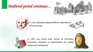 Medieval period continues…
In 1418, ‘Barbarigo’ proposed different organizational
forms/structures.
In 1494 Luca Pacioli wrote Summa de Arithmetica,
Geometrica, Proportioni et Proportionalita and codified
double-entry bookkeeping
 