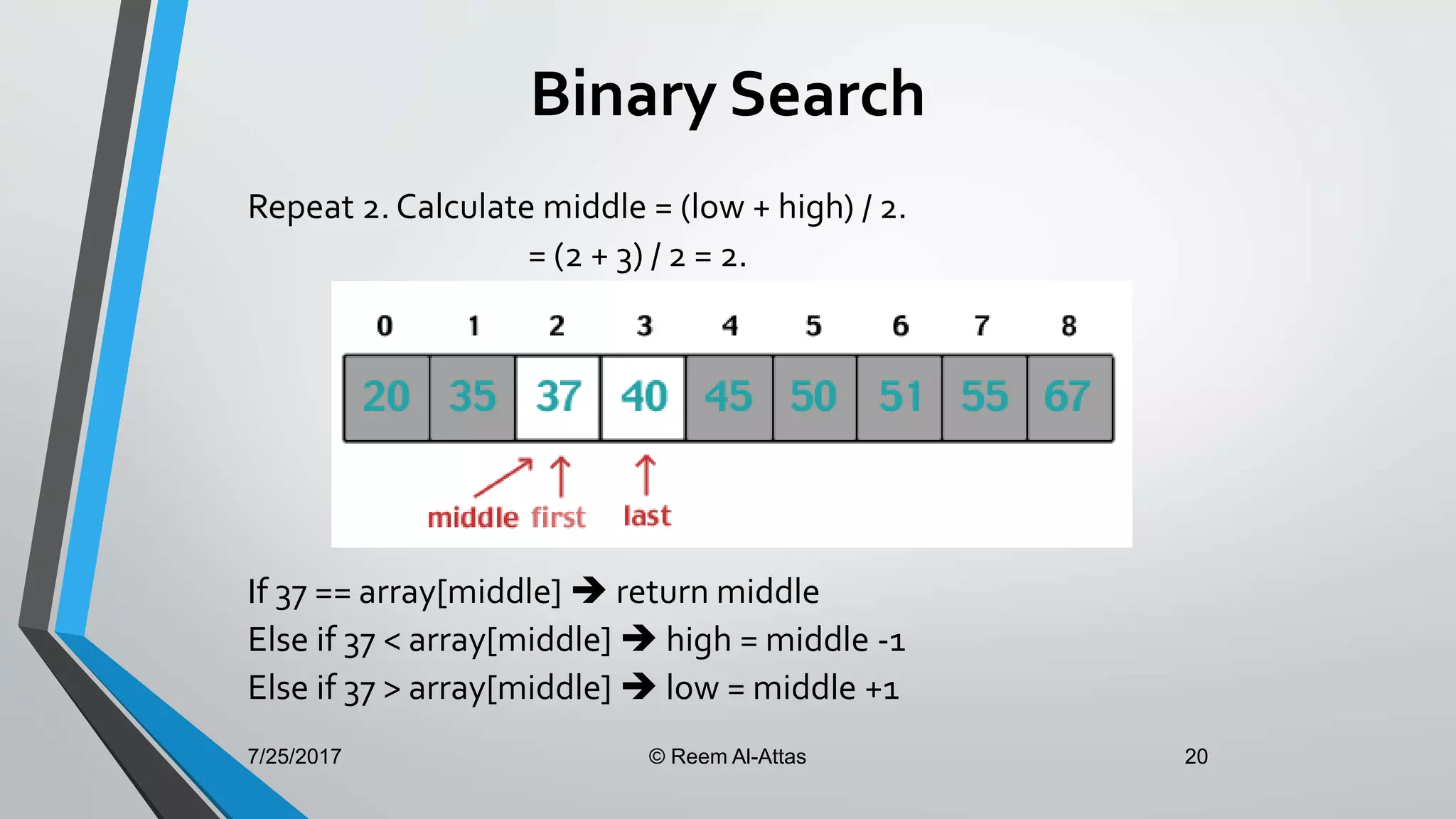 7/25/2017 © Reem Al-Attas 20
Binary Search
Repeat 2. Calculate middle = (low + high) / 2.
= (2 + 3) / 2 = 2.
If 37 == array[middle]  return middle
Else if 37 < array[middle]  high = middle -1
Else if 37 > array[middle]  low = middle +1
 