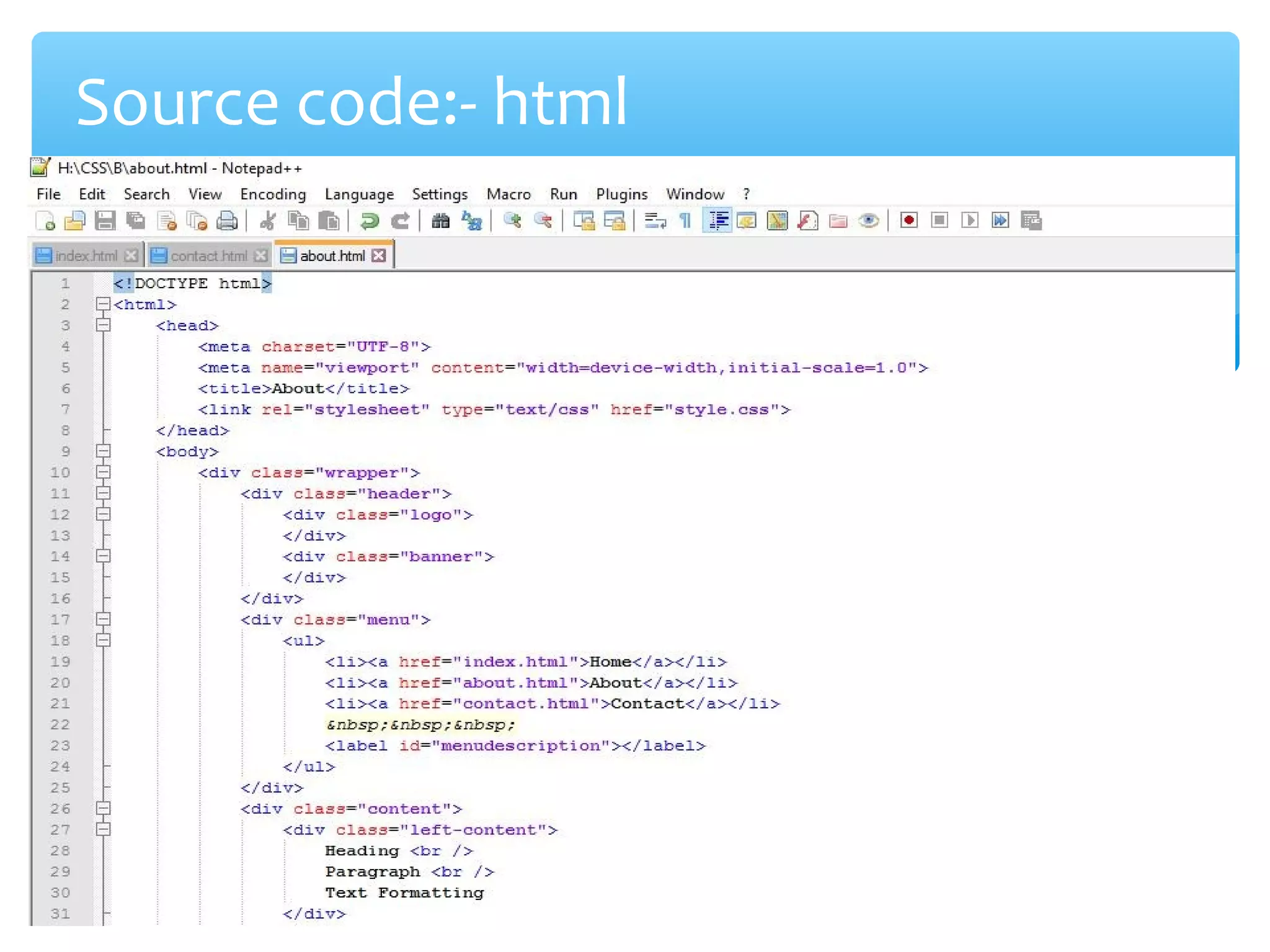 Source code:- html