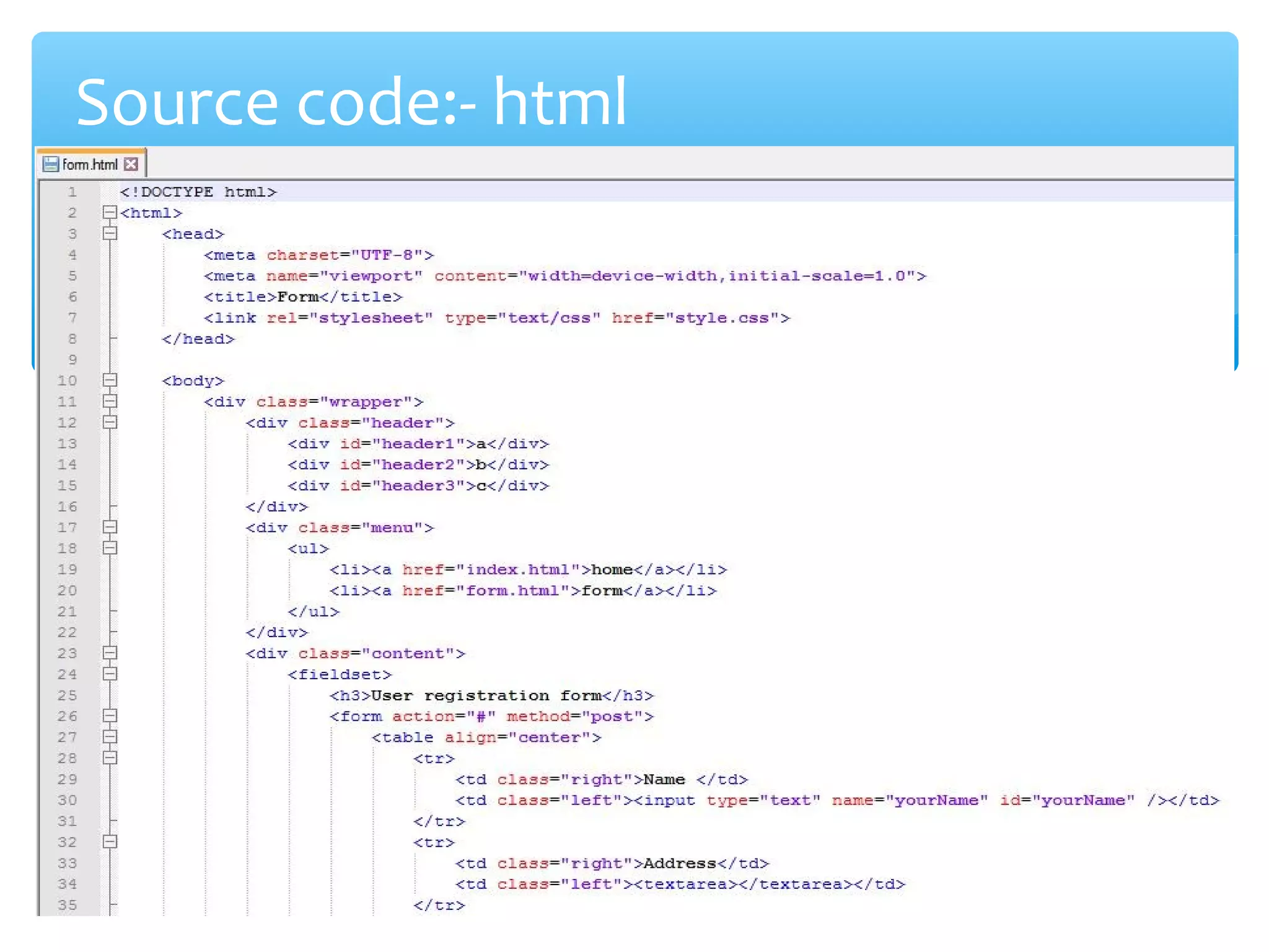 Source code:- html