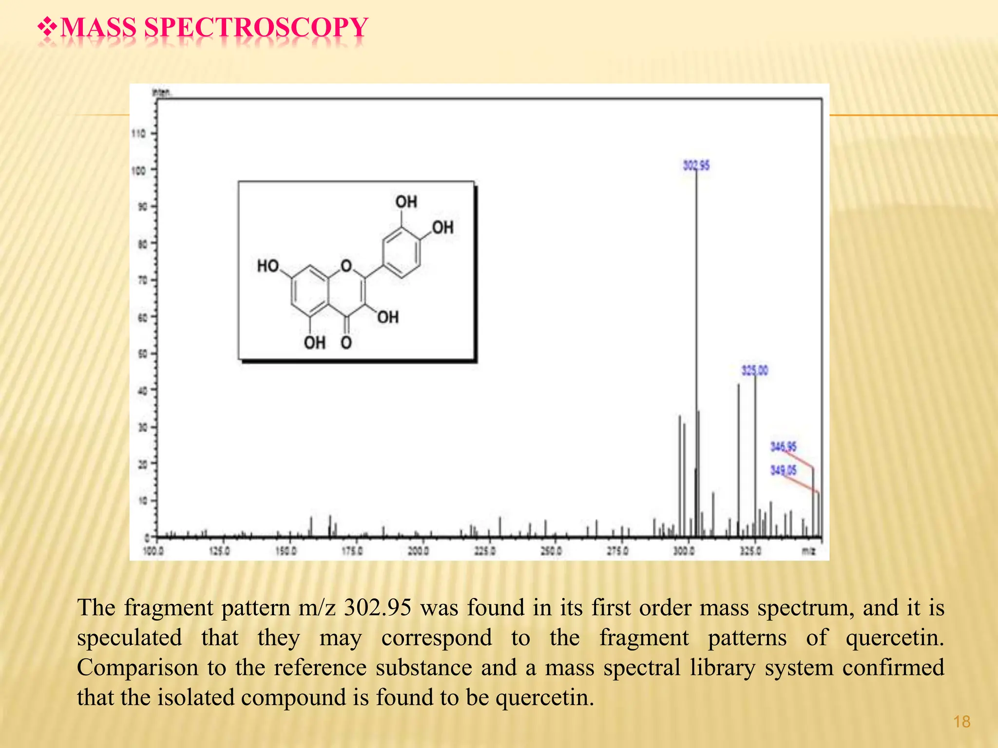 MASS SPECTROSCOPY
The fragment pattern m/z 302.95 was found in its first order mass spectrum, and it is
speculated that they may correspond to the fragment patterns of quercetin.
Comparison to the reference substance and a mass spectral library system confirmed
that the isolated compound is found to be quercetin.
18
 