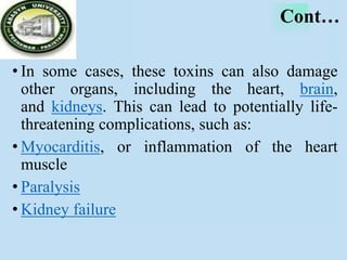 Cont…
• In some cases, these toxins can also damage
other organs, including the heart, brain,
and kidneys. This can lead to potentially life-
threatening complications, such as:
• Myocarditis, or inflammation of the heart
muscle
• Paralysis
• Kidney failure
 