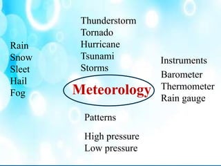 Meteorology
Instruments
Barometer
Thermometer
Rain gauge
Thunderstorm
Tornado
Hurricane
Tsunami
Storms
Patterns
High pressure
Low pressure
Rain
Snow
Sleet
Hail
Fog
 