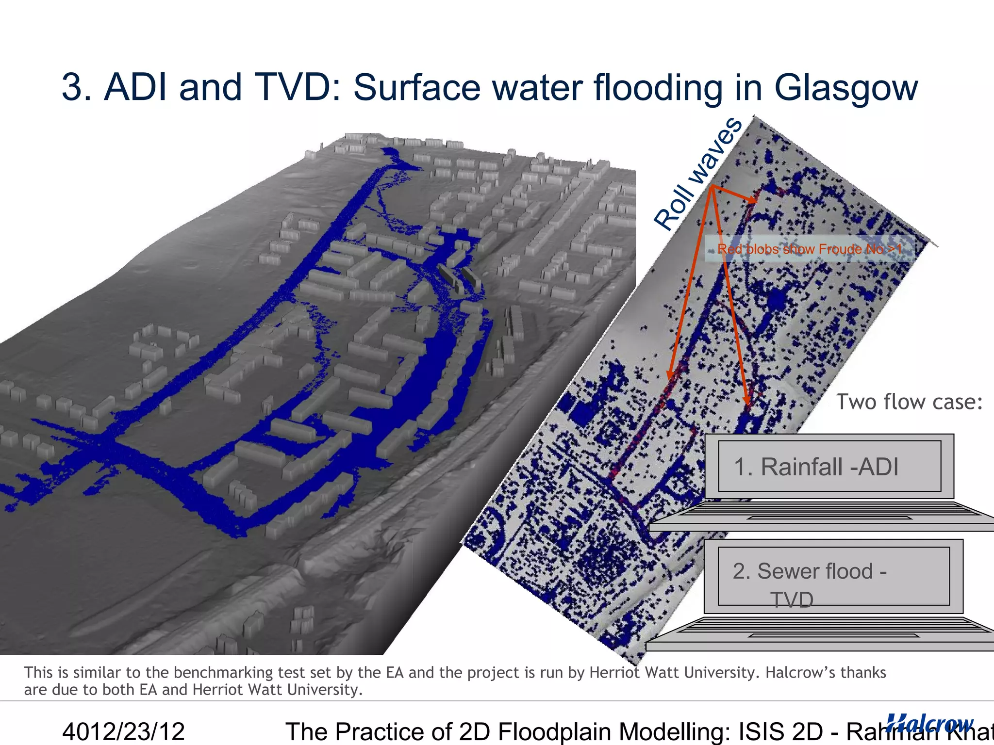 3. ADI and TVD: Surface water flooding in Glasgow




                                                                                                  s
                                                                                               ve
                                                                                          llwa
                                                                                       Ro
                                                                                                  Red blobs show Froude No >1




                                                                                                                   Two flow case:

                                                                                                    1. Rainfall -ADI



                                                                                                    2. Sewer flood -
                                                                                                        TVD


This is similar to the benchmarking test set by the EA and the project is run by Herriot Watt University. Halcrow’s thanks
are due to both EA and Herriot Watt University.

     4012/23/12                     The Practice of 2D Floodplain Modelling: ISIS 2D - Rahman Khat
 