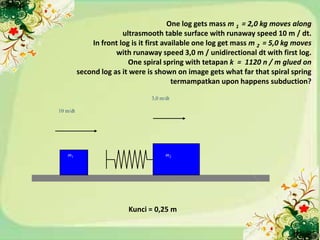 One log gets mass m 1 = 2,0 kg moves along
                        ultrasmooth table surface with runaway speed 10 m / dt.
              In front log is it first available one log get mass m 2 = 5,0 kg moves
                      with runaway speed 3,0 m / unidirectional dt with first log.
                          One spiral spring with tetapan k = 1120 n / m glued on
          second log as it were is shown on image gets what far that spiral spring
                                          termampatkan upon happens subduction?

                                 3,0 m/dt

10 m/dt




   m1                                  m2




                          Kunci = 0,25 m
 