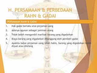 H. PERSAMAAN & PERBEDAAN 
RAHN & GADAI 
PERSAMAAN RAHN & GADAI 
1. Hak gadai berlaku atas pinjaman uang 
2. Adanya agunan sebagai jaminan utang 
3. Tidak boleh mengambil manfaat barang yang digadaikan 
4. Biaya barang yang digadaikan ditanggung oleh pemberi gadai 
5. Apabila batas pinjaman uang telah habis, barang yang digadaikan boleh 
dijual atau dilelang 
 
