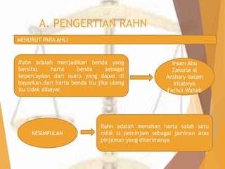 A. PENGERTIAN RAHN 
Rahn adalah menjadikan benda yang 
bersifat harta benda sebagai 
kepercayaan dari suatu yang dapat di 
bayarkan.dari harta benda itu jika utang 
itu tidak dibayar. 
Rahn adalah menahan harta salah satu 
milik si peminjam sebagai jaminan atas 
pinjaman yang diterimanya 
MENURUT PARA AHLI 
Imam Abu 
Zakaria al 
Anshary dalam 
kitabnya 
Fathul Wahab 
KESIMPULAN 
 