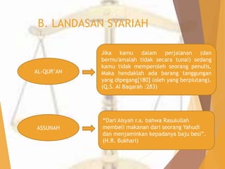 B. LANDASAN SYARIAH 
Jika kamu dalam perjalanan (dan 
bermu'amalah tidak secara tunai) sedang 
kamu tidak memperoleh seorang penulis, 
Maka hendaklah ada barang tanggungan 
yang dipegang[180] (oleh yang berpiutang). 
(Q.S. Al Baqarah :283) 
AL-QUR’AN 
ASSUNAH 
“Dari Aisyah r.a. bahwa Rasulullah 
membeli makanan dari seorang Yahudi 
dan menjaminkan kepadanya baju besi”. 
(H.R. Bukhari) 
 