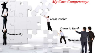 My Core Competency: 
Team worker 
Down to Earth 
Trustworthy 
Dynamic 
 