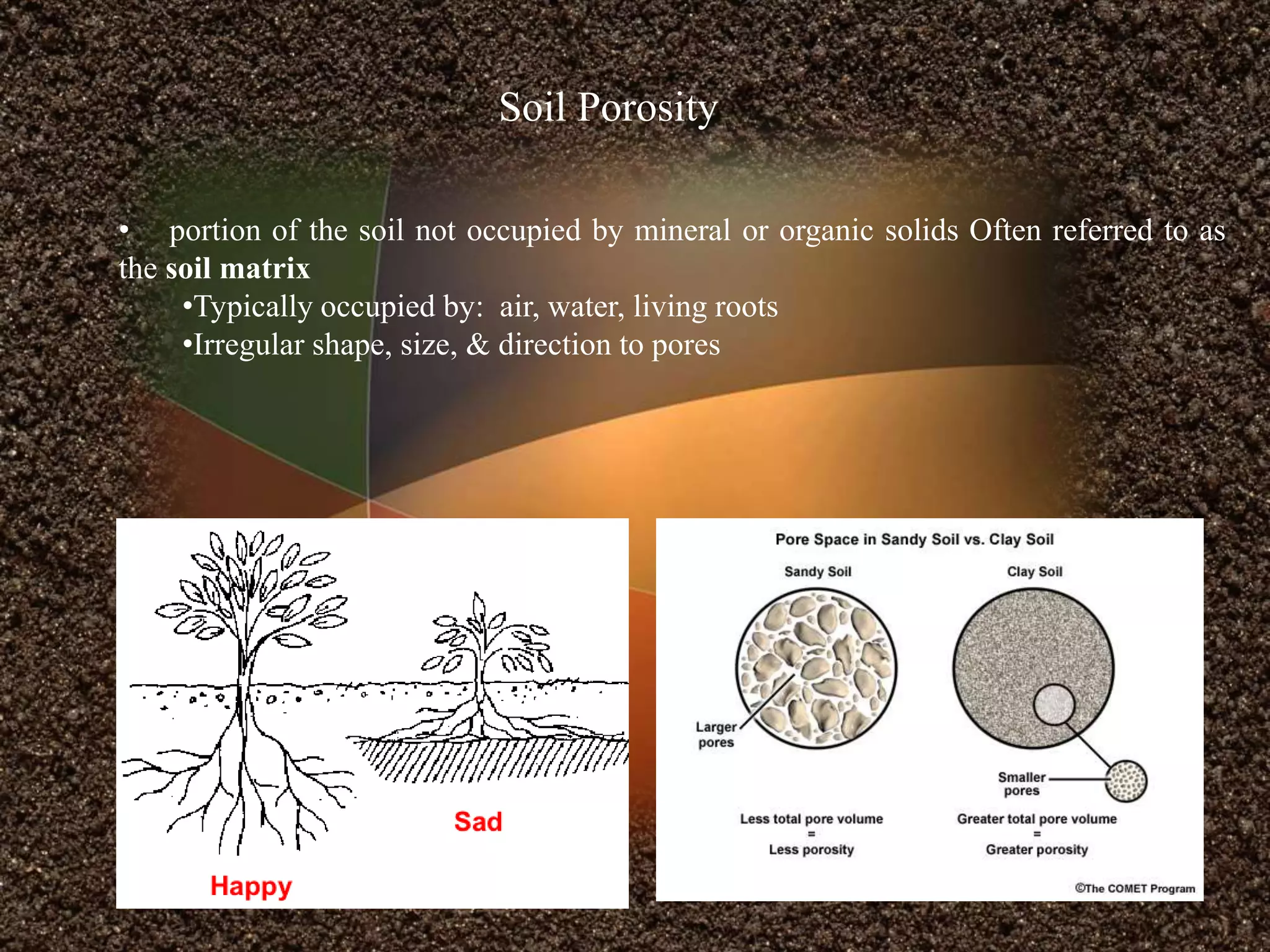 • portion of the soil not occupied by mineral or organic solids Often referred to as
the soil matrix
•Typically occupied by: air, water, living roots
•Irregular shape, size, & direction to pores
Soil Porosity
 