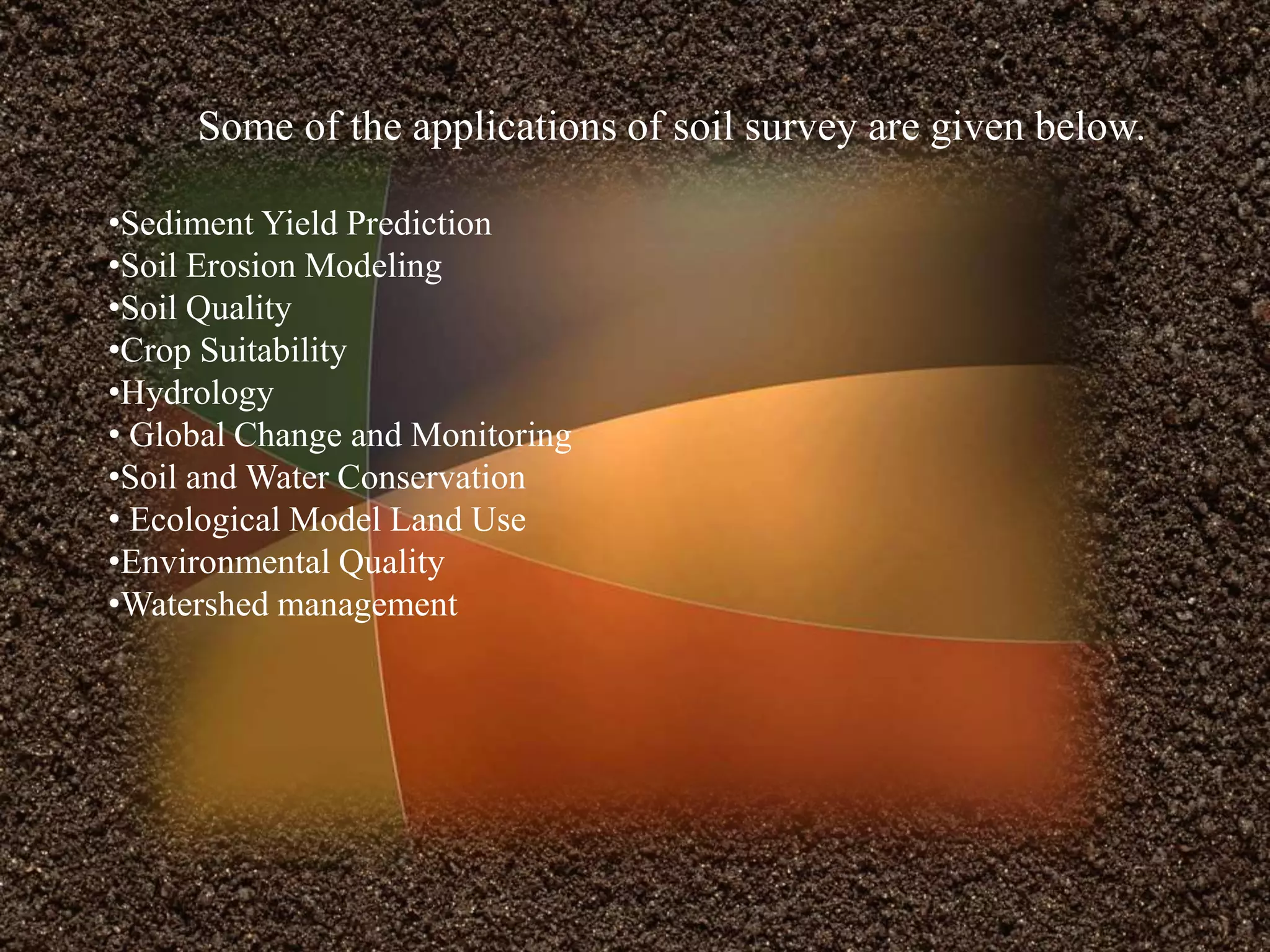 Some of the applications of soil survey are given below.
•Sediment Yield Prediction
•Soil Erosion Modeling
•Soil Quality
•Crop Suitability
•Hydrology
• Global Change and Monitoring
•Soil and Water Conservation
• Ecological Model Land Use
•Environmental Quality
•Watershed management
 