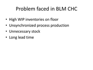 Problem faced in BLM CHC
• High WIP inventories on floor
• Unsynchronized process production
• Unnecessary stock
• Long lead time
 