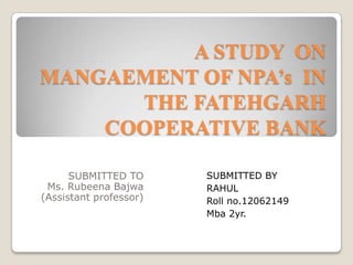 A STUDY ON
MANGAEMENT OF NPA’s IN
THE FATEHGARH
COOPERATIVE BANK
SUBMITTED TO
Ms. Rubeena Bajwa
(Assistant professor)

SUBMITTED BY
RAHUL
Roll no.12062149
Mba 2yr.

 