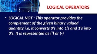 LOGICAL OPERATORS
• LOGICAL NOT : This operator provides the
complement of the given binary valued
quantity i.e, it converts 0’s into 1’s and 1’s into
0’s. It is represented as (‘) or (-)
 