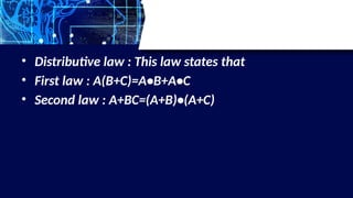• Distributive law : This law states that
• First law : A(B+C)=A•B+A•C
• Second law : A+BC=(A+B)•(A+C)
 
