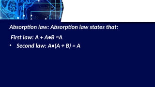 Absorption law: Absorption law states that:
First law: A + A•B =A
• Second law: Α•(A + B) = A
 