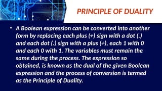 PRINCIPLE OF DUALITY
• A Boolean expression can be converted into another
form by replacing each plus (+) sign with a dot (.)
and each dot (.) sign with a plus (+), each 1 with 0
and each 0 with 1. The variables must remain the
same during the process. The expression so
obtained, is known as the dual of the given Boolean
expression and the process of conversion is termed
as the Principle of Duality.
 