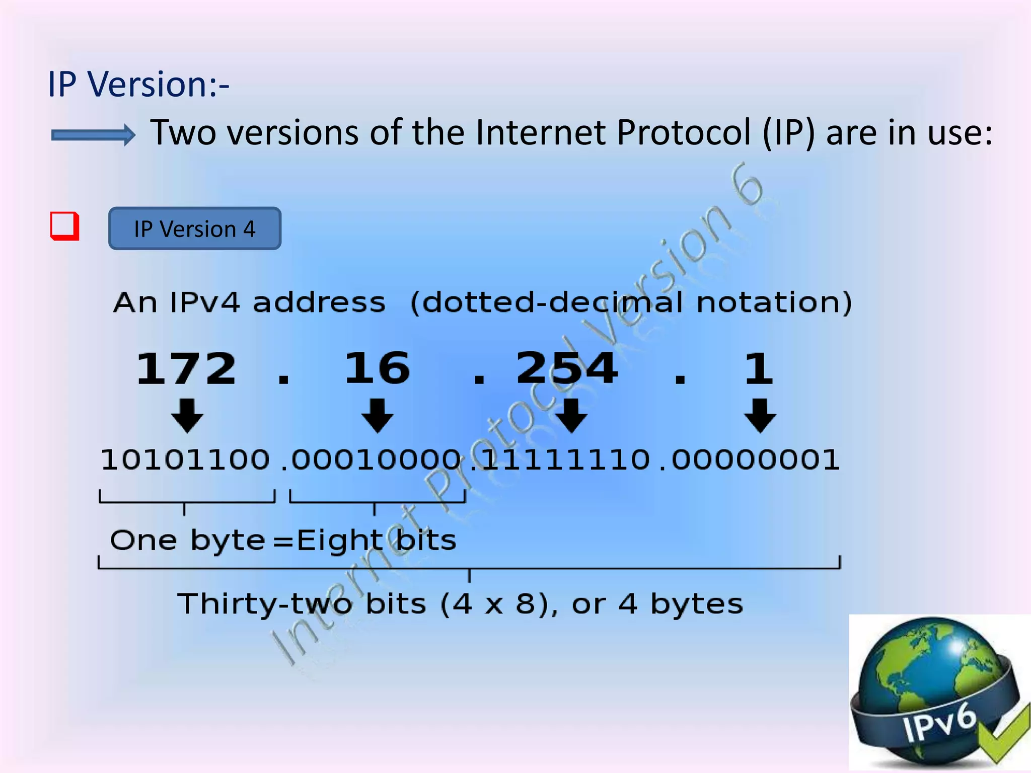 IP Version:-
Two versions of the Internet Protocol (IP) are in use:
 IP Version 4
 
