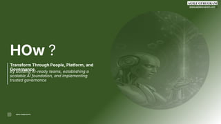 www.agilegurugram.com
3
HOw ?
Transform Through People, Platform, and
Governance
By building AI-ready teams, establishing a
scalable AI foundation, and implementing
trusted governance
RAHUL KUMAR GUPTA
 