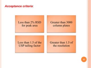 Acceptance criteria:
21
Less than 2% RSD
for peak area
Greater than 3000
column plates
Less than 1.5 of the
USP tailing factor
Greater than 1.5 of
the resolution
 
