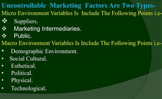 Uncontrollable Marketing Factors Are Two Types-
Micro Environment Variables Is Include The Following Points i.e-
 Suppliers.
 Marketing Intermediaries.
 Public.
Macro Environment Variables Is Include The Following Points i.e-
• Demographic Environment.
• Social Cultural.
• Esthetical.
• Political.
• Physical.
• Technological.
 