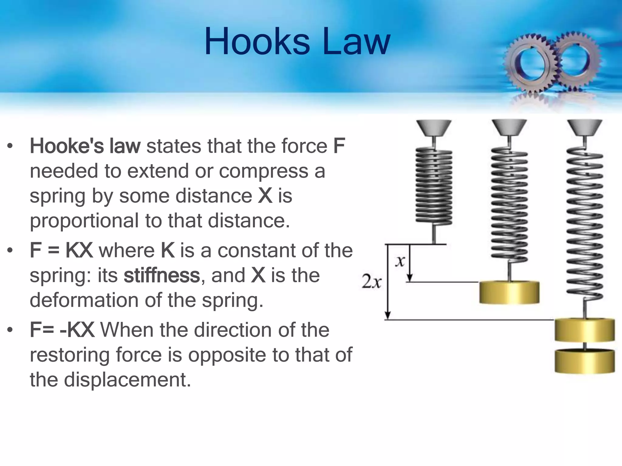 Hooks Law
• Hooke's law states that the force F
needed to extend or compress a
spring by some distance X is
proportional to that distance.
• F = KX where K is a constant of the
spring: its stiffness, and X is the
deformation of the spring.
• F= -KX When the direction of the
restoring force is opposite to that of
the displacement.
 