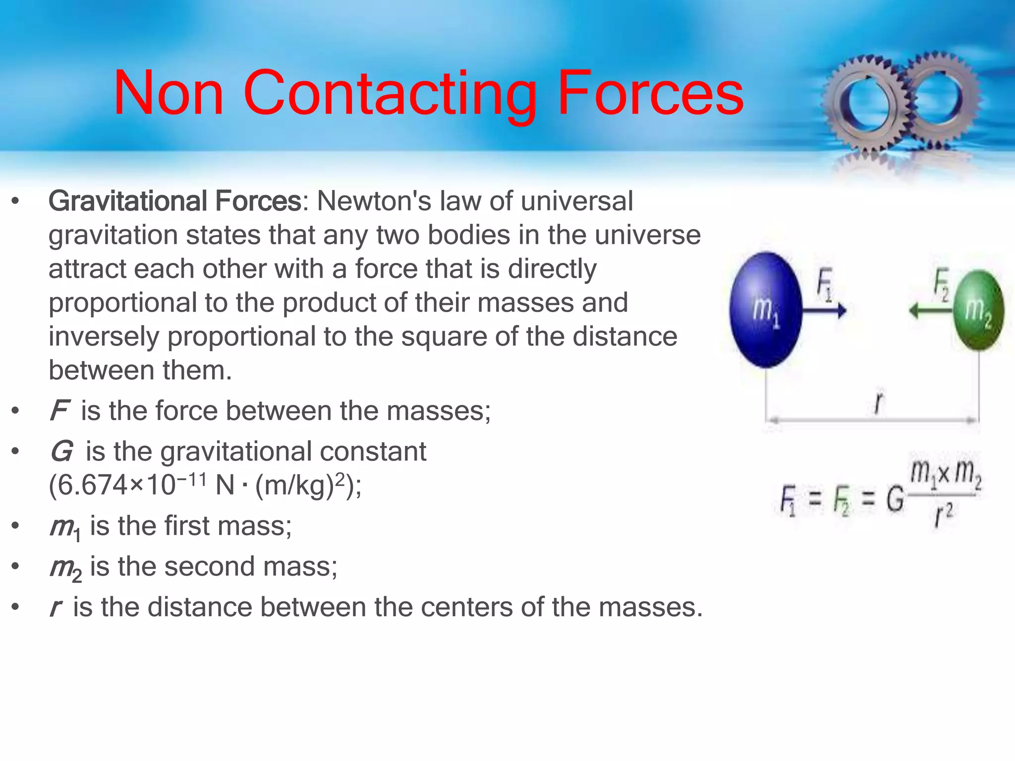 Non Contacting Forces
• Gravitational Forces: Newton's law of universal
gravitation states that any two bodies in the universe
attract each other with a force that is directly
proportional to the product of their masses and
inversely proportional to the square of the distance
between them.
• F is the force between the masses;
• G is the gravitational constant
(6.674×10−11 N · (m/kg)2);
• m1 is the first mass;
• m2 is the second mass;
• r is the distance between the centers of the masses.
 