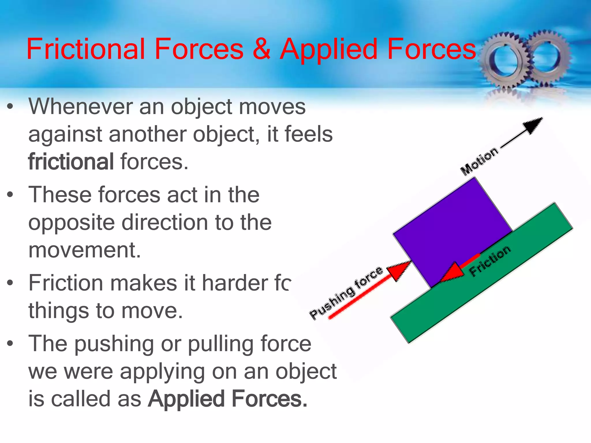 Frictional Forces & Applied Forces
• Whenever an object moves
against another object, it feels
frictional forces.
• These forces act in the
opposite direction to the
movement.
• Friction makes it harder for
things to move.
• The pushing or pulling force
we were applying on an object
is called as Applied Forces.
 