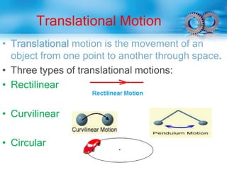 Translational Motion
• Translational motion is the movement of an
object from one point to another through space.
• Three types of translational motions:
• Rectilinear
• Curvilinear
• Circular
 