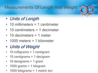 • Units of Length
• 10 millimeters = 1 centimeter
• 10 centimeters = 1 decimeter
• 10 decimeters = 1 meter
• 1000 meters = 1 kilometer
• Units of Weight
• 10 milligrams = 1 centigram
• 10 centigrams = 1 decigram
• 10 decigrams = 1 gram
• 1000 grams = 1 kilogram
• 1000 kilograms = 1 metric ton
Measurements Of Length And Weight
 