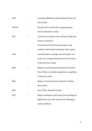 1990      -   Constructs 2000mm dia pile foundation for the first

              time in India.

1993-94   -   Becomes first to install fully computerised geo-

              technical laboratory in India.

1997      -   (1) Enters the transport sector with road, bridge and

              railway construction.

              (2) Constructs the first housing complex using

              Aarding 'Tunnel Forum' technology in the country.

1999      -   Constructs Rail over-bridge with 50m span P. S. C.

              Girder over running electrified section of rail-track

              for the first time in India.

2002      -   Begins civil and structural construction of Nuclear

              Power Plants to establish comprehensive capabilities

              in the power sector.

2004      -   Begins civil and structural construction of hydro-

              power plants.

2008      -   Over 70 Mtr. deep Pile in Kochi.

2010      -   Begins installation of steel using vibro technology at

              Dahej Port in one of the world's most challenging

              marine conditions.




                                                                       4
 