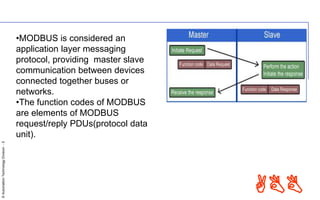 ©AutomationTechnologyDivision-5
ABB
•MODBUS is considered an
application layer messaging
protocol, providing master slave
communication between devices
connected together buses or
networks.
•The function codes of MODBUS
are elements of MODBUS
request/reply PDUs(protocol data
unit).
 