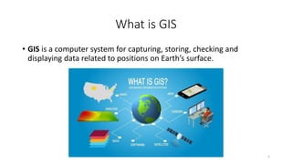 What is GIS
• GIS is a computer system for capturing, storing, checking and
displaying data related to positions on Earth’s surface.
5
 