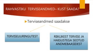 RAHVASTIKU TERVISEANDMED– KUST SAADA?
Terviseandmed saadakse
TERVISEUURINGUTEST RIIKLIKEST TERVISE JA
HAIGUSTEGA SEOTUD
A...