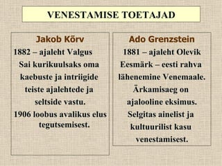 VENESTAMISE TOETAJAD

       Jakob Kõrv              Ado Grenzstein
1882 – ajaleht Valgus         1881 – ajaleht Olevik
 Sai kurikuulsaks oma        Eesmärk – eesti rahva
  kaebuste ja intriigide    lähenemine Venemaale.
   teiste ajalehtede ja          Ärkamisaeg on
      seltside vastu.          ajalooline eksimus.
1906 loobus avalikus elus      Selgitas ainelist ja
        tegutsemisest.          kultuurilist kasu
                                 venestamisest.
 