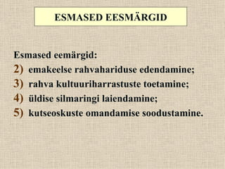 ESMASED EESMÄRGID


Esmased eemärgid:
2) emakeelse rahvahariduse edendamine;
3) rahva kultuuriharrastuste toetamine;
4) üldise silmaringi laiendamine;
5) kutseoskuste omandamise soodustamine.
 