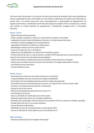 Agrupamento de Escolas do Vale de Ovil

Com base nestes documentos e no culminar de todo este processo de avaliação interna que pretendemos
colocar à disposição de toda a comunidade com este relatório, elaborámos uma análise que evidenciasse os
pontos fortes e os pontos fracos bem como constrangimentos e oportunidades do Agrupamento. De
seguida apresentamos a distribuição encontrada pela equipa de avaliação interna e proporá que a mesma
seja inserida no Projeto Educativo do agrupamento e devidamente divulgada junto à comunidade
educativa.
Pontos fortes
- Oferta educativa profissionalizante
- Clubes, projetos e programas, dinâmicos, e pertinentes ao Projeto e comunidade
- Integração da Escola na Rede de Bibliotecas Escolares e no Plano Nacional de Leitura;
- Confiança na prática pedagógica da escola/professores
- Capacidade da Direção em mobilizar os colaboradores
- Metodologias indutoras de forte coesão interna
- Parcerias em vigor são reais e não teóricas
- Papel do Plano da Matemática na melhoria dos resultados escolares
- O Plano Nacional de Leitura, a sala de estudo e o projeto PEN (Preparação para os Exames Nacionais)
enquanto instrumentos de valorização das aprendizagens
- Valores de transição, resultados das provas de aferição e Exames Nacionais a Português
- Valores acima da média nacional nos Exames do Secundário a Português, Matemática e História
- Conclusão percursos alternativos
- Taxa de abandono escolar

Pontos fracos
- Desempenho das estruturas intermédias ainda pouco reconhecido
- A sequencialidade interciclos ainda apresenta algumas debilidades
- Articulação entre Grupos/Departamentos apresenta margem de progressão
- Promoção de percursos diversificados para os alunos, em especial com insucesso escolar e NEE
- Promover a formação de pessoal docente e não docente
- Excesso de burocracia interna
- Deficiente participação do pessoal docente, alunos e E.E.
- Centralização de processos
- Aulas ou atividades de substituição pouco estruturadas
- Reduzido impacto das tutorias nos resultados académicos
- Resultados das classificações de Exame Nacional nas disciplinas de física e química a e biologia e geologia
- Elevado diferencial cfd-ce nas mesmas disciplinas
- Exames Nacionais a Matemática
- Debilidades ao nível do acompanhamento e supervisão das AEC’s
- Clareza na definição de metas objetivas para as prioridades do P.E.
Oportunidades
- Reduzida qualificação dos Encarregados de Educação

42

 