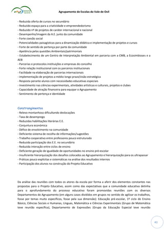 Agrupamento de Escolas do Vale de Ovil
- Reduzida oferta de cursos no secundário
- Reduzido espaço para a criatividade e empreendedorismo
- Reduzido nº de projetos de caráter internacional e nacional
- Desempenho/imagem da A.E. junto da comunidade
- Forte coesão social
- Potencialidades paisagísticas para a dinamização didática e implementação de projetos e cursos
- Forte de sentido de pertença por parte da comunidade
- Apetência pelas questões Ambientais/patrimoniais
- Estabelecimento de um Centro de Interpretação Ambiental em parceria com a CMB, a Ecosimbioses e a
AEB
- Parcerias e protocolos instituições e empresas do concelho
- Forte relação institucional com os parceiros institucionais
- Facilidade na elaboração de parcerias internacionais
- implementação de projetos a médio longo prazo/visão estratégica
- Resposta perante alunos com necessidades educativas especiais
- Investimento nas ciências experimentais, atividades artísticas e culturais, projetos e clubes
- Capacidade de atração financeira para equipar o Agrupamento
- Sentimento de pertença e identidade

Constrangimentos
- Relevo montanhoso dificultando deslocações
- Taxa de desemprego
- Reduzidas habilitações literárias E.E.
- Conjuntura económica
- Défice de envolvimento na comunidade
- Deficiente sistema de recolha de informações/sugestões
- Trabalho cooperativo entre professores pouco estruturado
- Reduzida participação dos E.E. no secundário
- Reduzida interação entre ciclos de ensino
- Deficiente geração de igualdade de oportunidades no ensino pré-escolar
- Insuficiente hierarquização dos desafios colocados ao Agrupamento e hierarquização para os ultrapassar
- Práticas pouco explícitas e sistemáticas na análise dos resultados internos
- Participação dos alunos na construção do Projeto Educativo

Da análise das reuniões com todos os atores da escola por forma a aferir dos elementos constantes nas
propostas para o Projeto Educativo, assim como das expectativas que a comunidade educativa detinha
para o aprofundamento do processo educativo foram promovidas reuniões com os diversos
Departamentos do Agrupamento (em alguns casos divididos em grupos no sentido de agilizar os trabalhos,
fosse por temas muito específicos, fosse pela sua dimensão): Educação pré-escolar, 1º ciclo do Ensino
Básico, Ciências Sociais e Humanas, Línguas, Matemática e Ciências Experimentais (Grupo de Matemática
teve reunião específica), Departamento de Expressões (Grupo da Educação Especial teve reunião

43

 