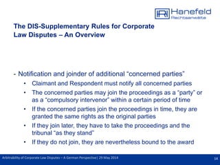 14Arbitrability of Corporate Law Disputes – A German Perspective| 29 May 2014
The DIS-Supplementary Rules for Corporate
Law Disputes – An Overview
- Notification and joinder of additional “concerned parties”
• Claimant and Respondent must notify all concerned parties
• The concerned parties may join the proceedings as a “party” or
as a “compulsory intervenor” within a certain period of time
• If the concerned parties join the proceedings in time, they are
granted the same rights as the original parties
• If they join later, they have to take the proceedings and the
tribunal “as they stand”
• If they do not join, they are nevertheless bound to the award
 