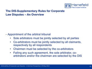 15Arbitrability of Corporate Law Disputes – A German Perspective| 29 May 2014
The DIS-Supplementary Rules for Corporate
Law Disputes – An Overview
- Appointment of the arbitral tribunal
• Sole arbitrators must be jointly selected by all parties
• Co-arbitrators must be jointly selected by all claimants,
respectively by all respondents
• Chairmen must be selected by the co-arbitrators
• Failing any such agreement, the sole arbitrator, co-
arbitrators and/or the chairman are selected by the DIS
 